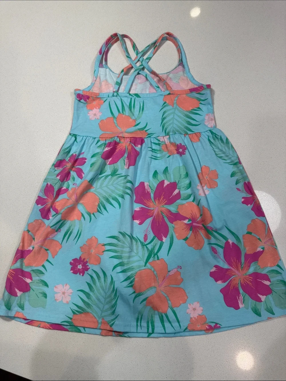 The Children's Place Girls Aqua Floral Crossback Dress with Pink & Orange Blooms
